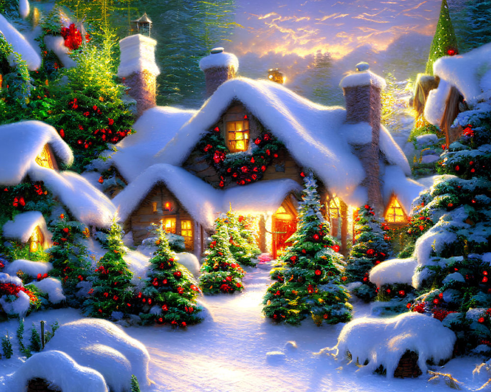 Snowy village with Christmas decorations and starlit sky
