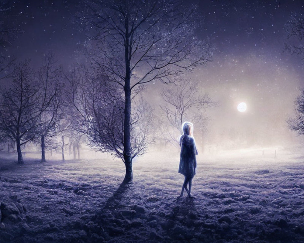 Solitary figure in snowy moonlit landscape with bare trees