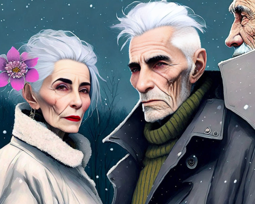 Elderly Couple with White Hair and Winter Clothes in Snowy Setting