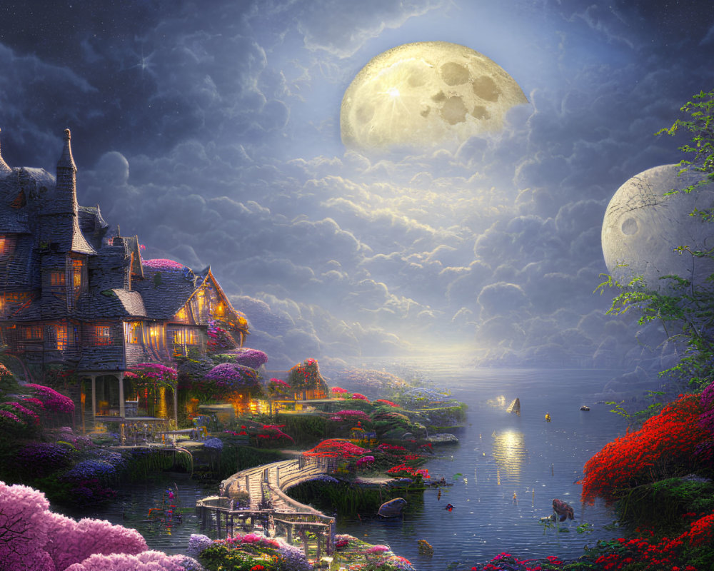 Fantasy landscape with grand house, vibrant flowers, tranquil river, and full moon