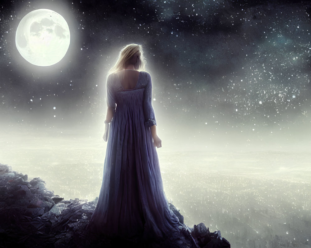 Woman in flowing dress gazes at starlit sky on cliff under full moon