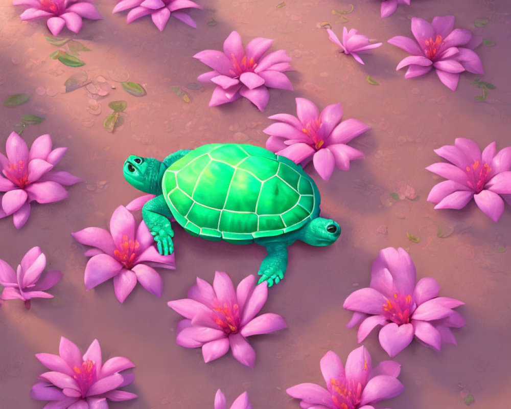 Green Turtle Surrounded by Pink Lotus Flowers on Muddy Surface