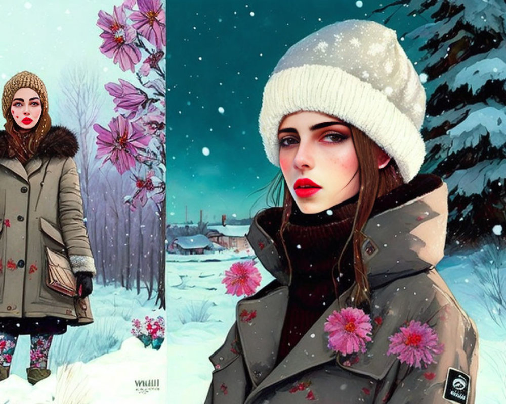 Winter-themed illustration of a woman in coat and beanie with floral accents in snowy landscape