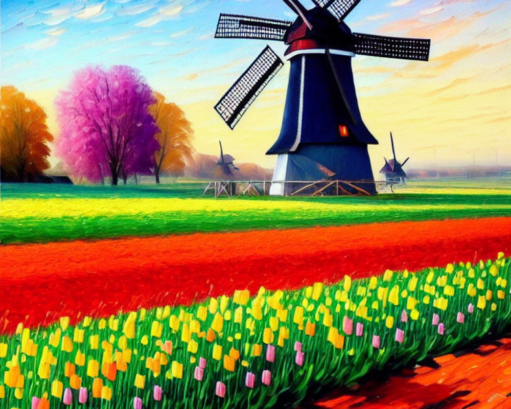 Traditional Dutch windmills and colorful tulip fields under clear blue sky