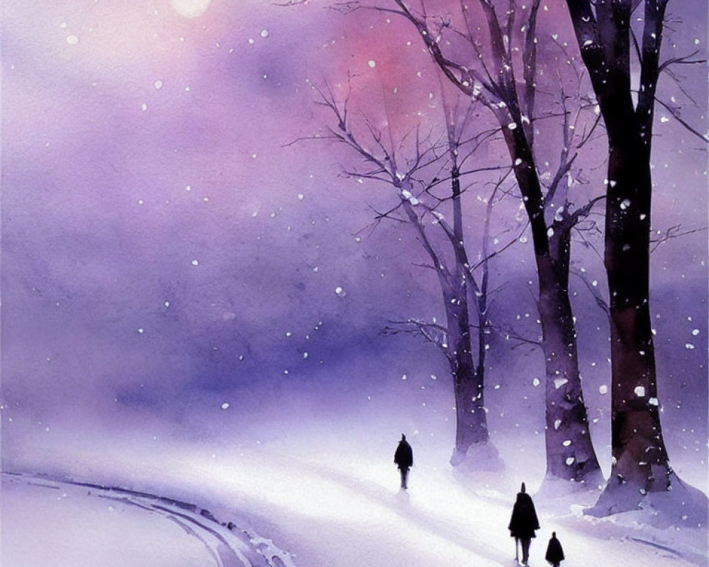 Snowy Path Watercolor Illustration: Figures Walking Among Purple Trees in Twilight Snowfall