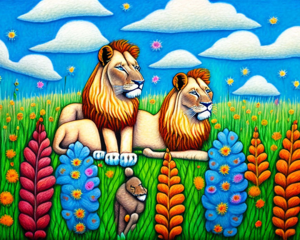 Illustration of two lions and a cub in vibrant colors on a whimsical backdrop