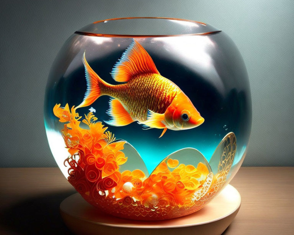 Goldfish in Spherical Aquarium with Orange Plants on Wooden Surface