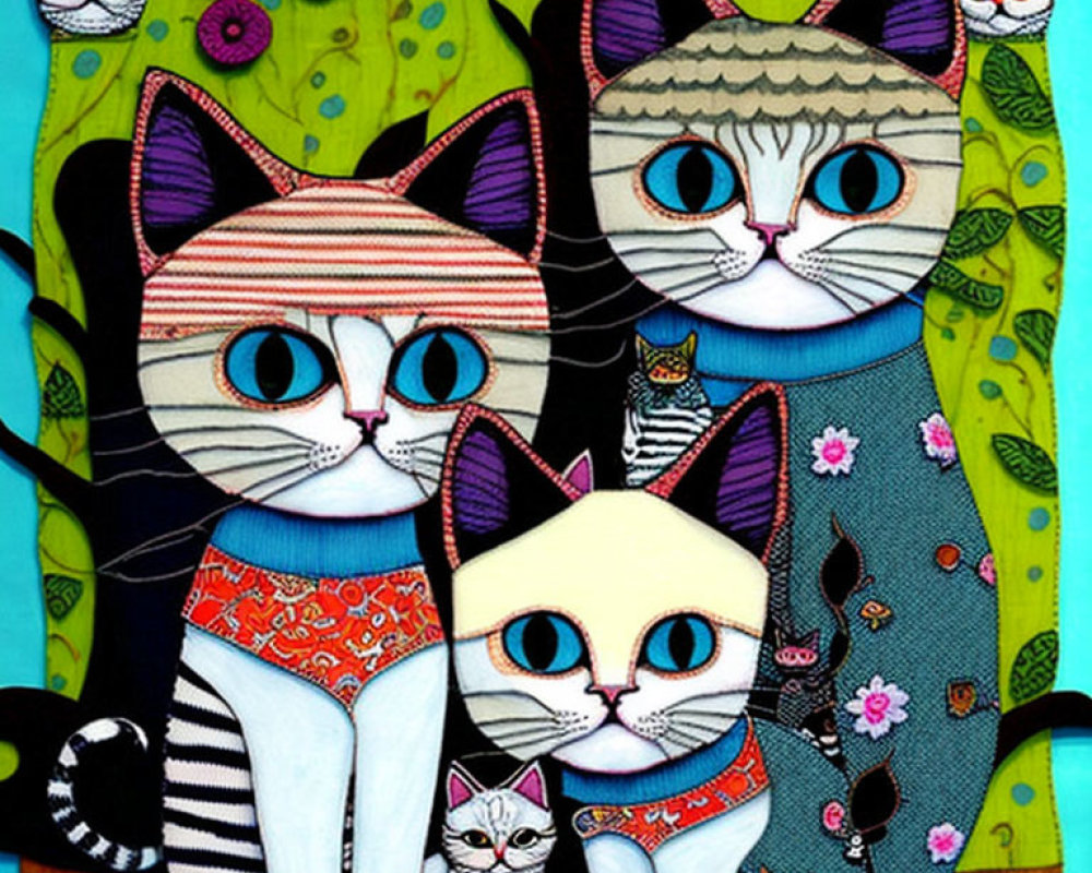 Vibrant illustration of four whimsical cats on floral background