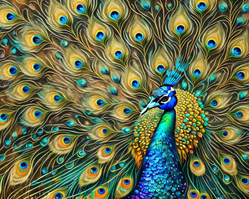 Colorful Peacock with Iridescent Blue and Green Tail Feathers