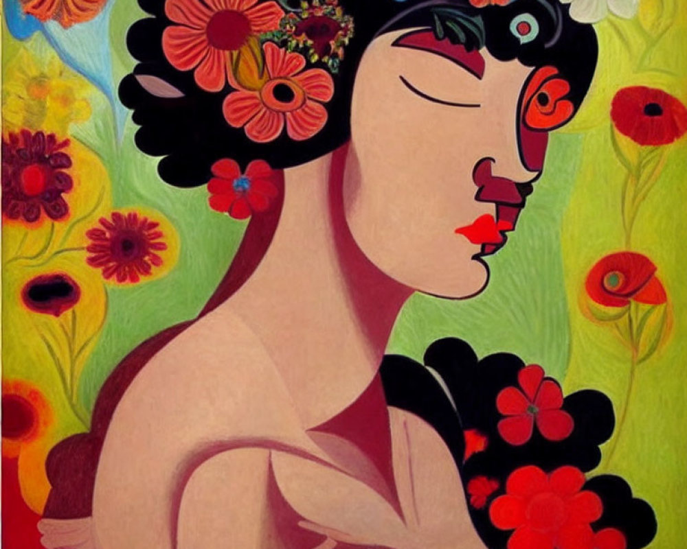 Vibrant painting of stylized female figure with floral headpiece