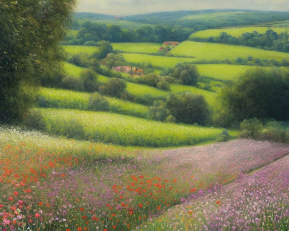 Tranquil landscape: rolling hills, colorful wildflowers, small house