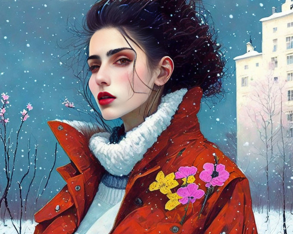 Digital art portrait of woman with dark hair, red lipstick, red coat with flowers, snowy backdrop.