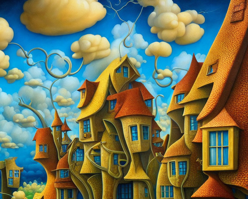 Whimsical Crooked Houses Painting Under Blue Sky