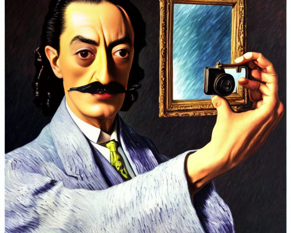 Stylized painting of man with exaggerated mustache taking selfie