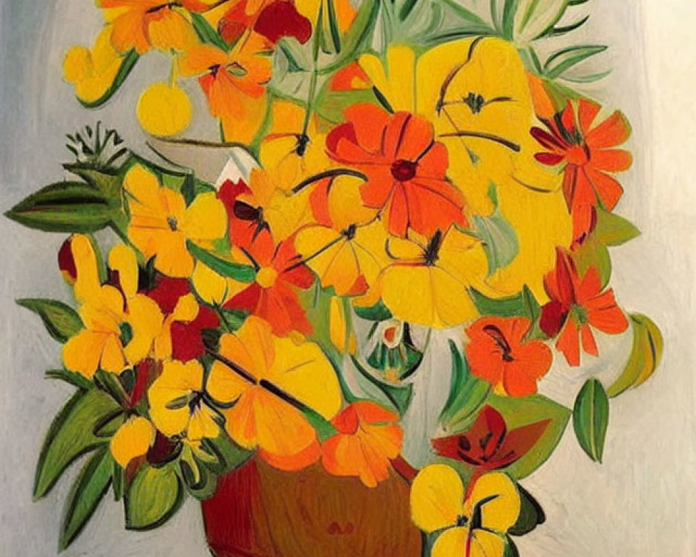 Colorful floral arrangement painting with yellow and orange flowers in a brown vase on pale green background