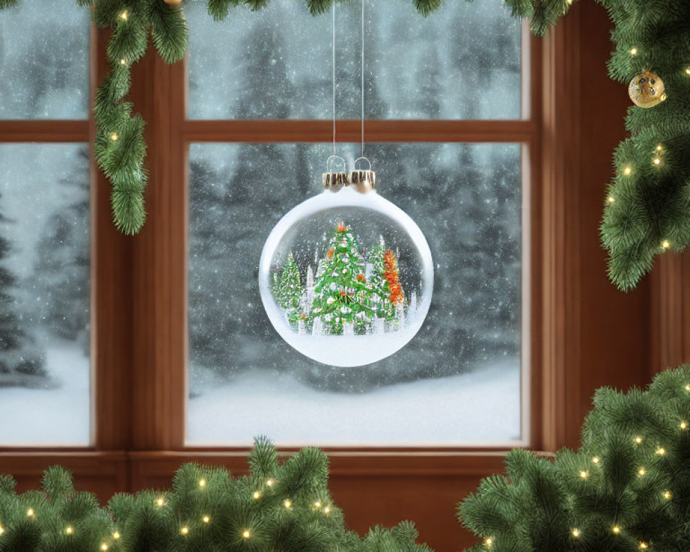 Snowy Christmas window scene with decorated tree and garland.