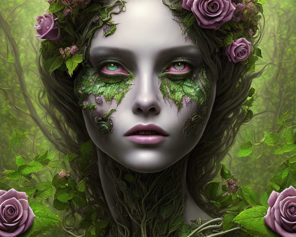 Fantasy-themed image: Person with green eyes, crown of roses and ivy, leaves merging into