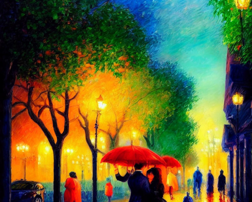 Colorful urban street scene with people walking under red umbrella in rain and warm streetlights against twilight backdrop