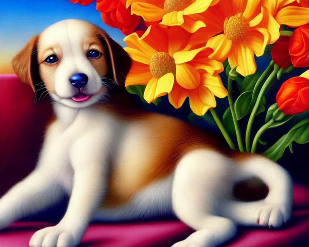 Brown and White Puppy Sitting Among Colorful Flowers on Blue Background