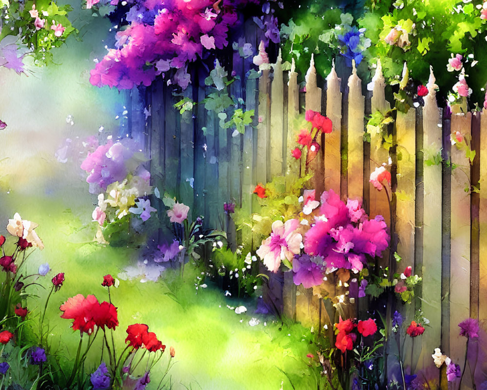 Colorful Watercolor Garden Scene with Wooden Fence and Flowers