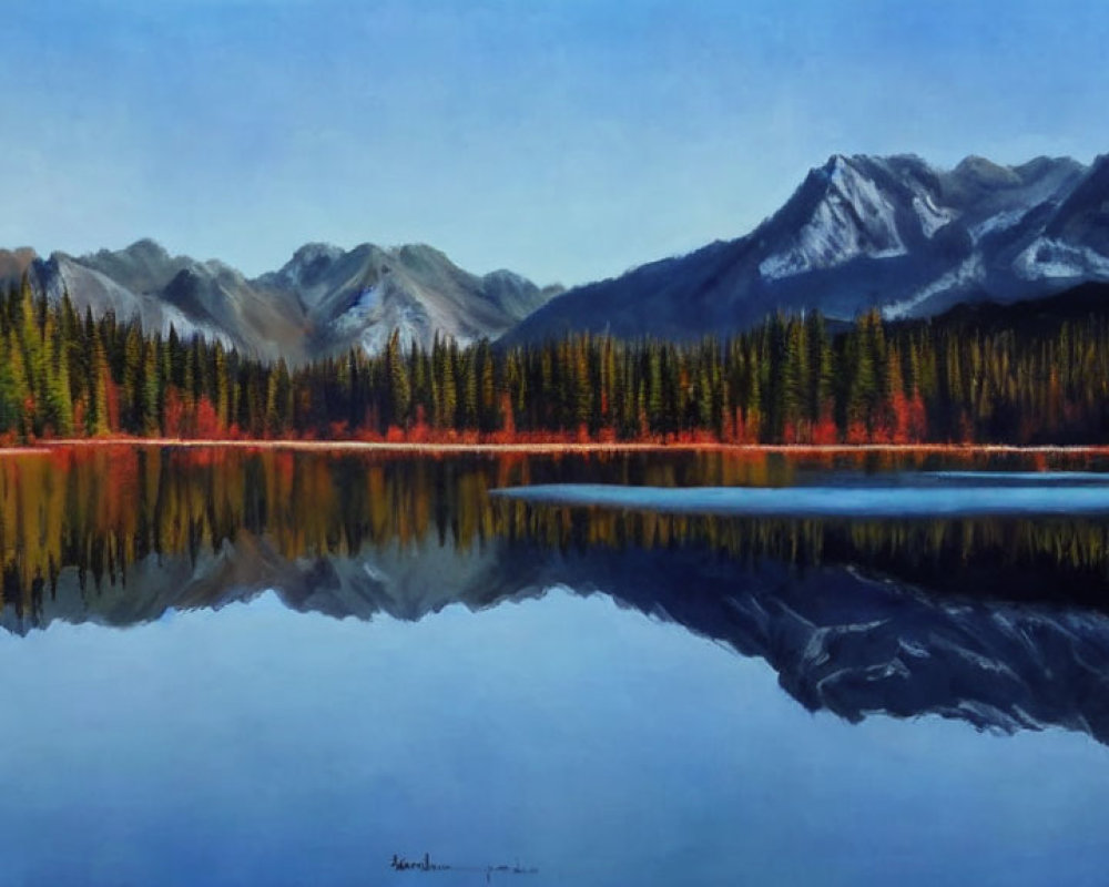 Tranquil forest and mountain scene mirrored on calm lake