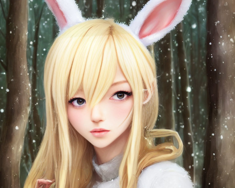 Blond-Haired Character with Bunny Ears in Snowy Forest