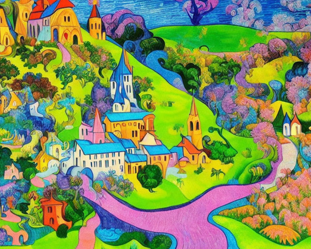 Colorful, whimsical landscape with swirly trees, pink road, and fantasy buildings under blue