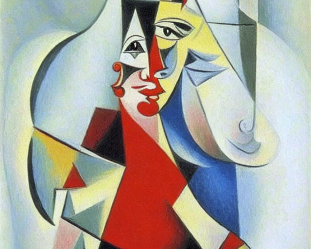 Geometric Cubist portrait in red, white, blue, and yellow with distorted features.