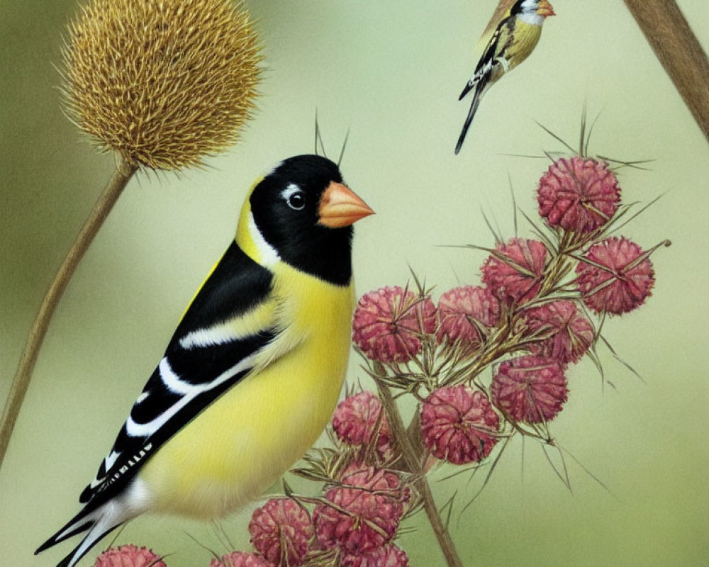 Colorful birds perched among pink flowers and seedpods