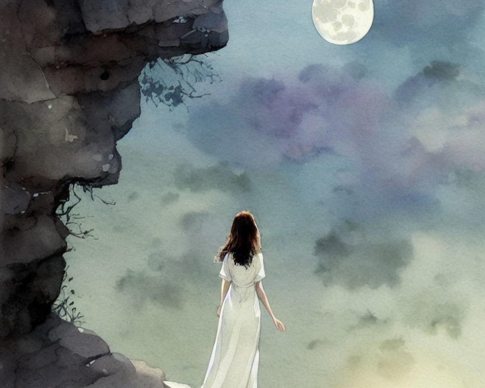 Woman in white dress on cliff edge under full moon with ethereal clouds and mist