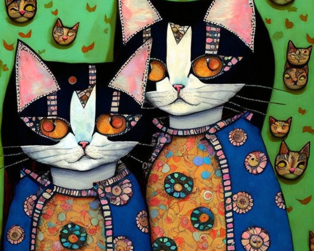 Stylized anthropomorphic cats with patterned coats and vibrant, whimsical background