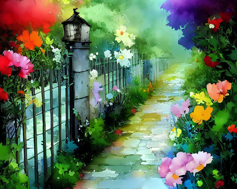 Colorful garden path with flowers and iron fence under multihued sky