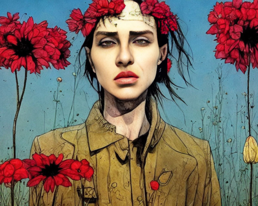 Woman with intense gaze, red flowers in hair, beige shirt, floral backdrop and blue sky.