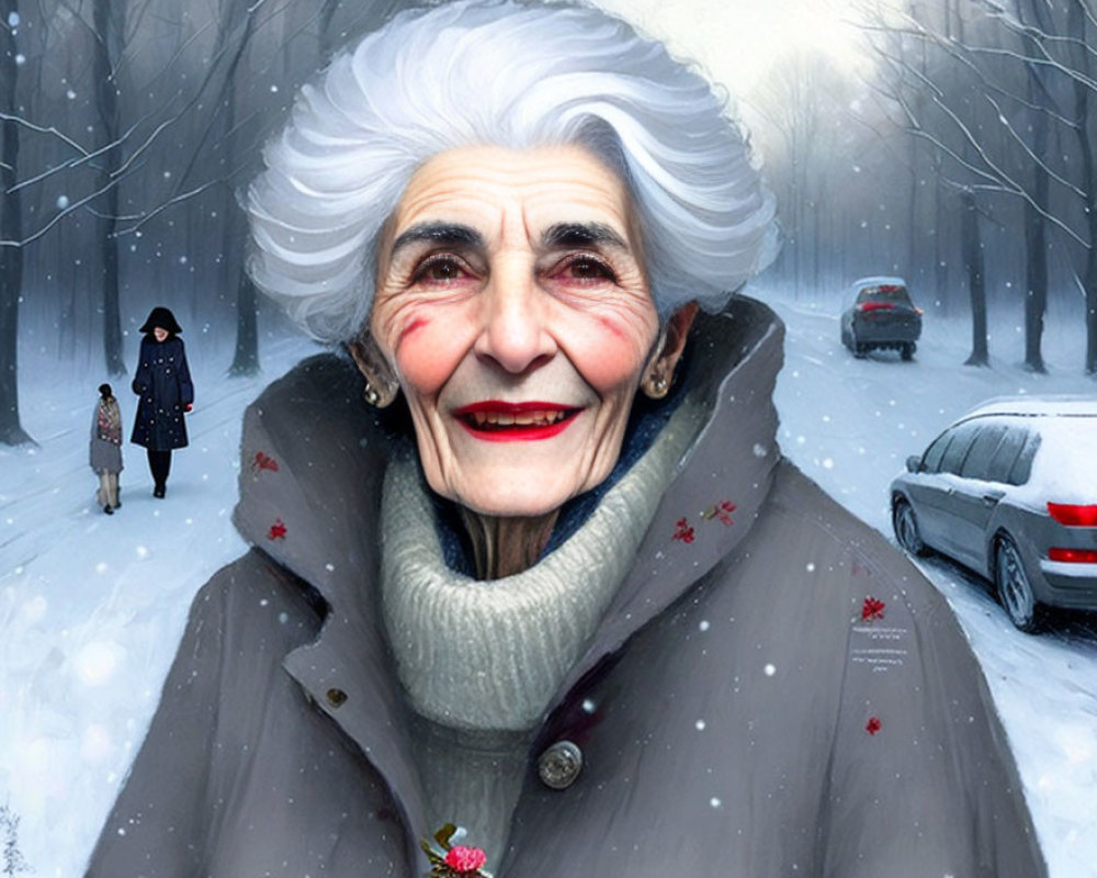 Elderly woman with white hair and warm smile in snowy scene with child and adult.