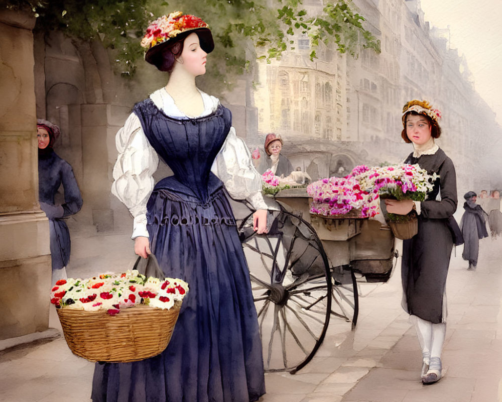 Vintage street scene with women selling flowers in traditional dresses