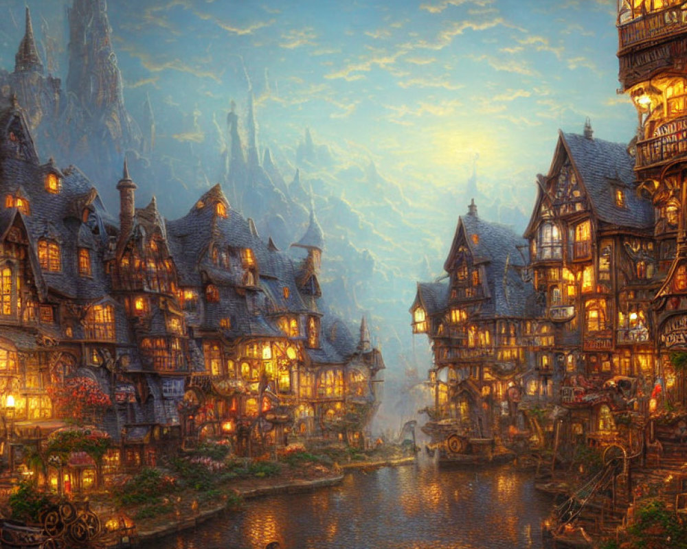 Enchanting fantasy village with medieval-style buildings by calm river