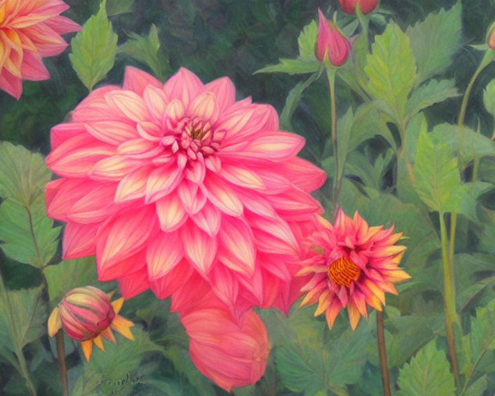 Detailed Pink Dahlia Flowers Painting with Green Foliage