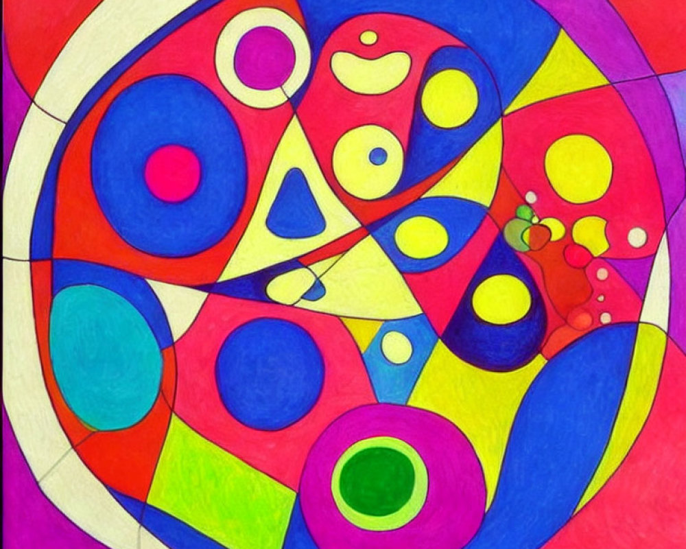 Vibrant Abstract Geometric Painting with Circular and Triangular Shapes