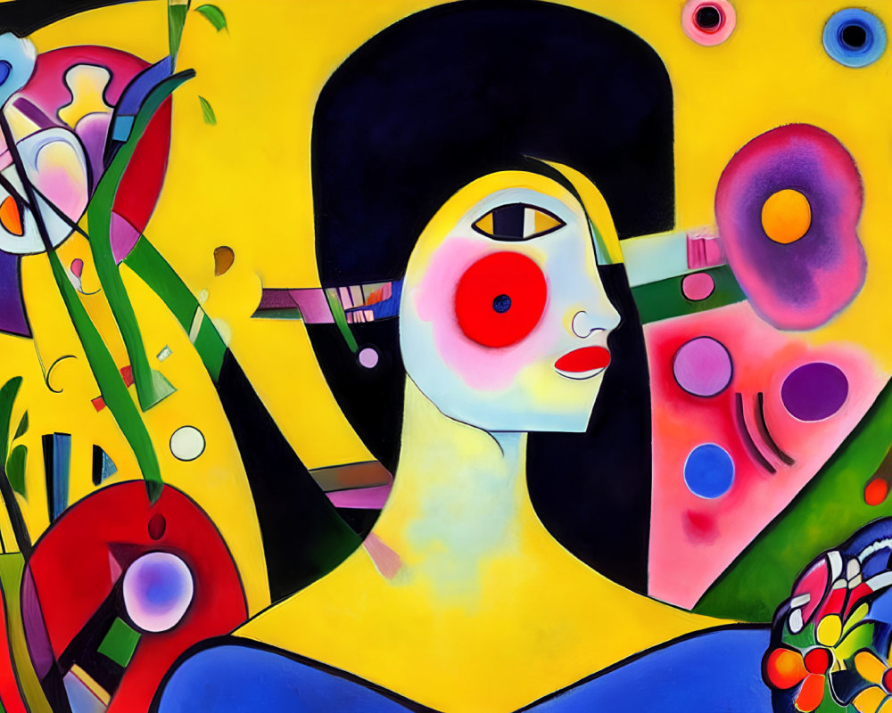 Vibrant Abstract Painting with Stylized Female Figure and Floral Motifs