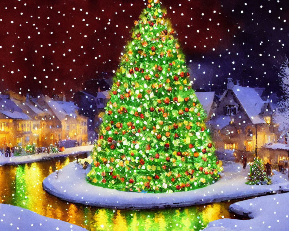 Colorful Christmas Tree by Snowy River Town Scene