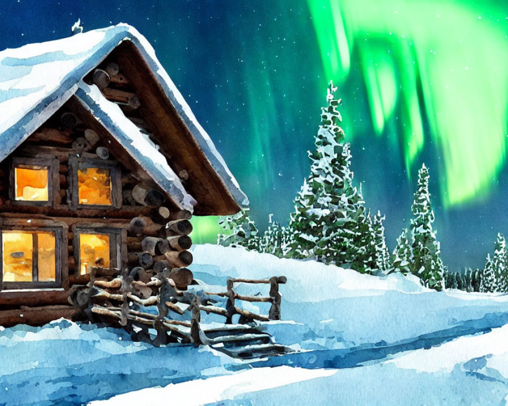 Snowy log cabin under starry sky with Northern Lights