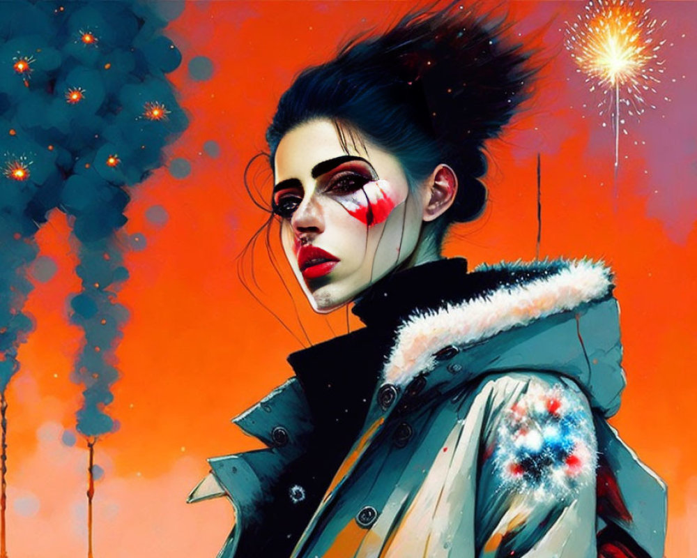 Stylized portrait of a woman with dramatic makeup and vibrant fireworks background