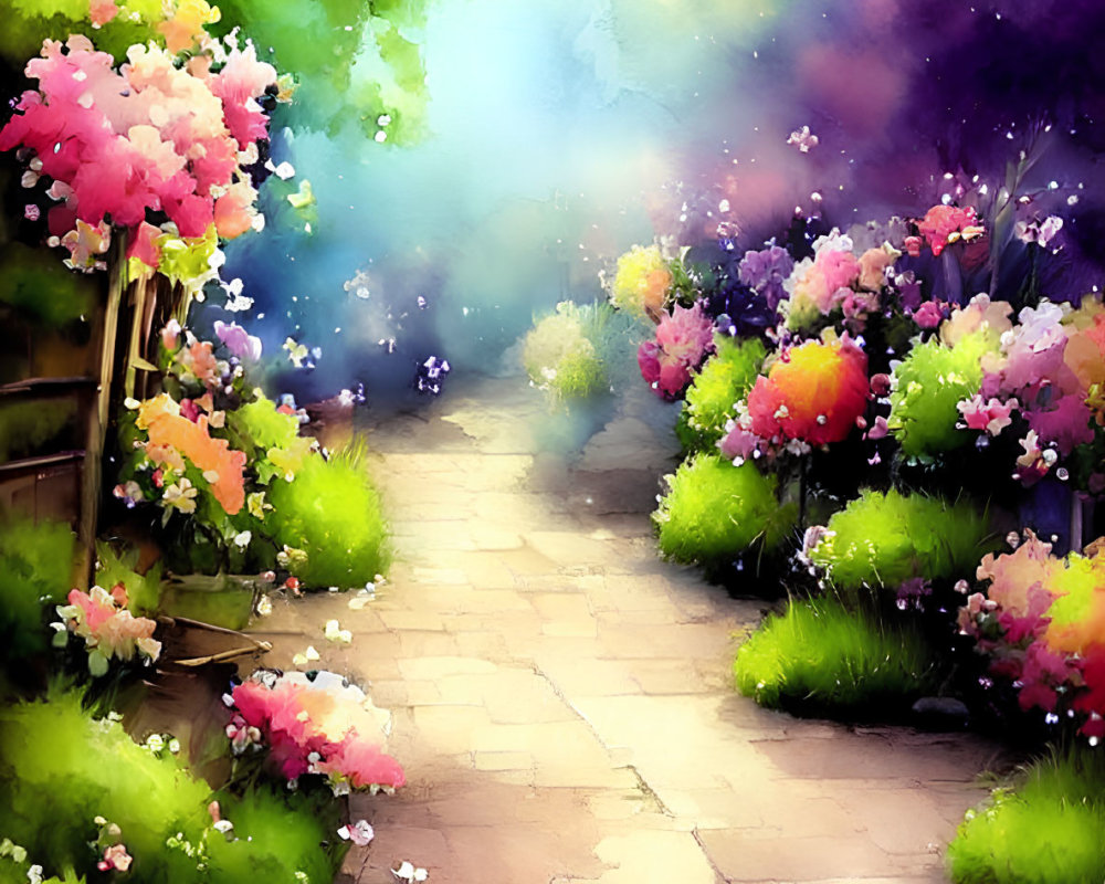 Serene garden path with vibrant flowers in watercolor style