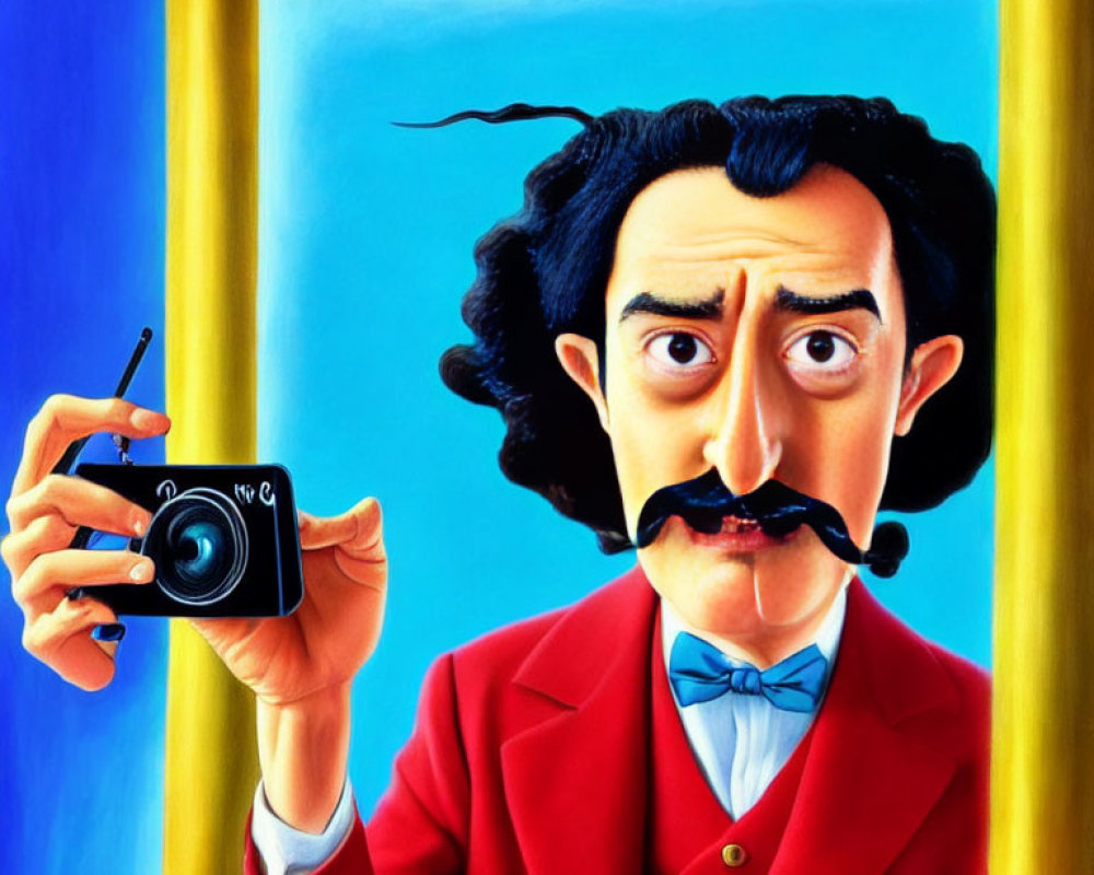Colorful Illustration: Man with Mustache Holding Camera in Surreal Yellow Border