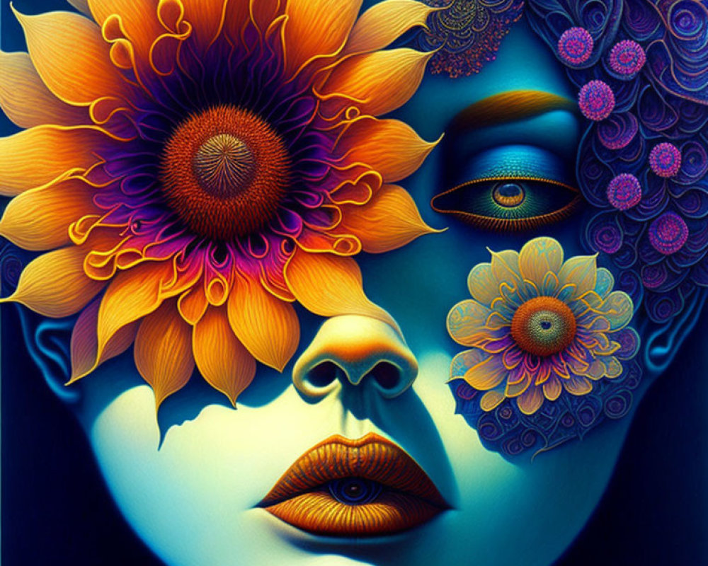 Colorful surreal face with floral patterns and sunflower eye in artwork