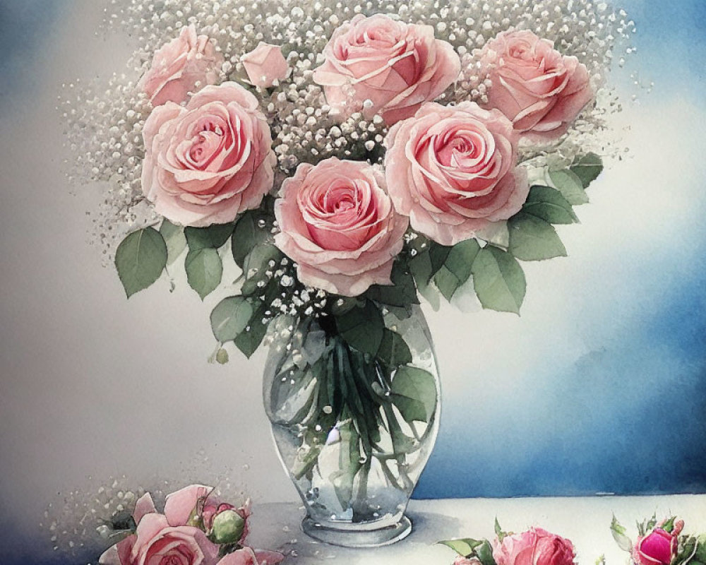 Pink Roses Bouquet in Clear Vase Watercolor Painting on Blue Gradient