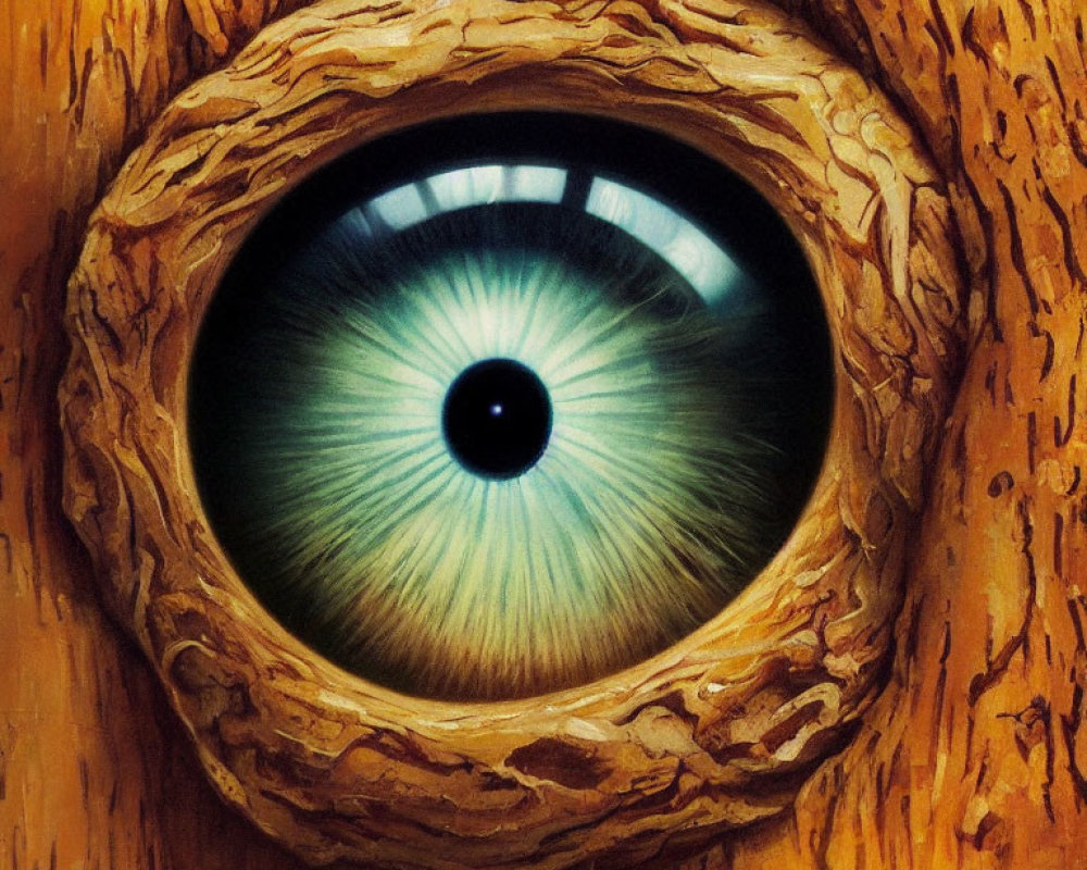 Detailed Hyper-Realistic Painting of Blue Human Eye in Knothole