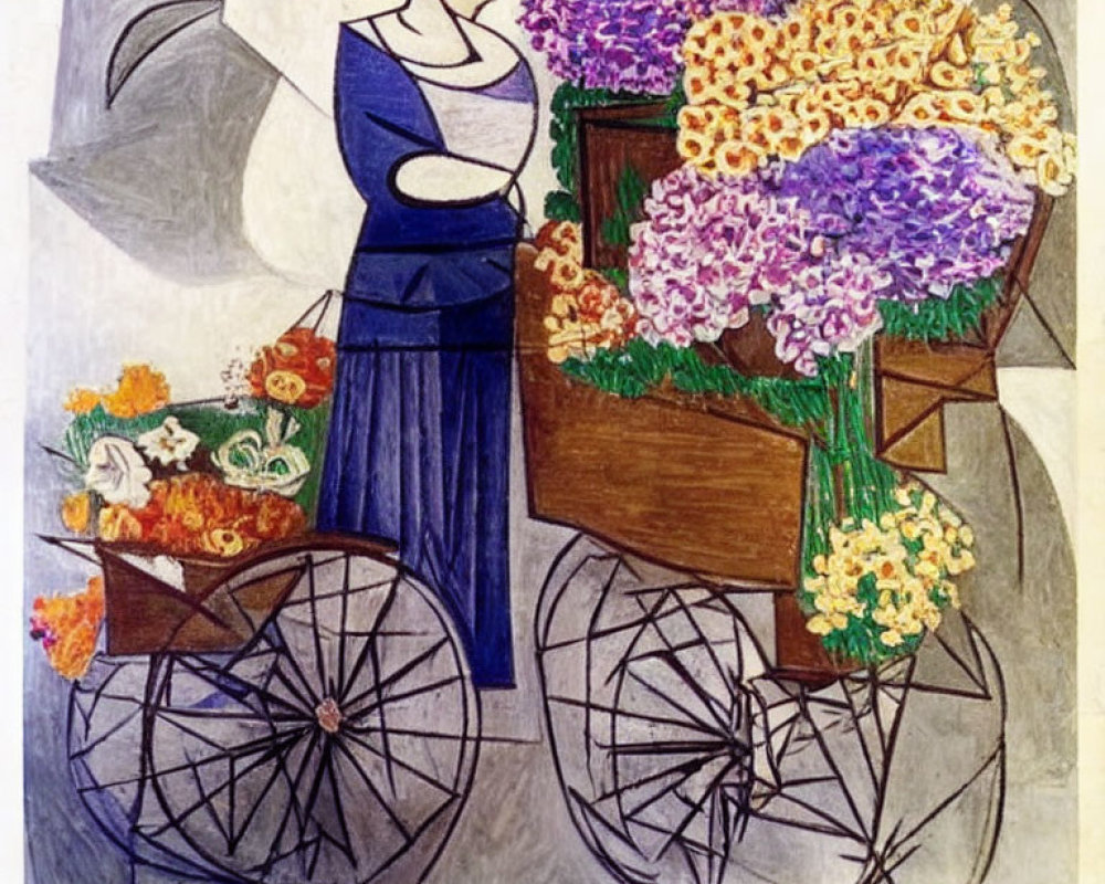 Portrait of Woman by Flower Cart Against Abstract Background