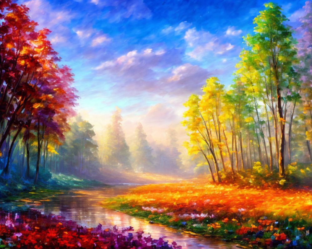 Colorful Autumn Forest with Misty Atmosphere and Flower Carpet