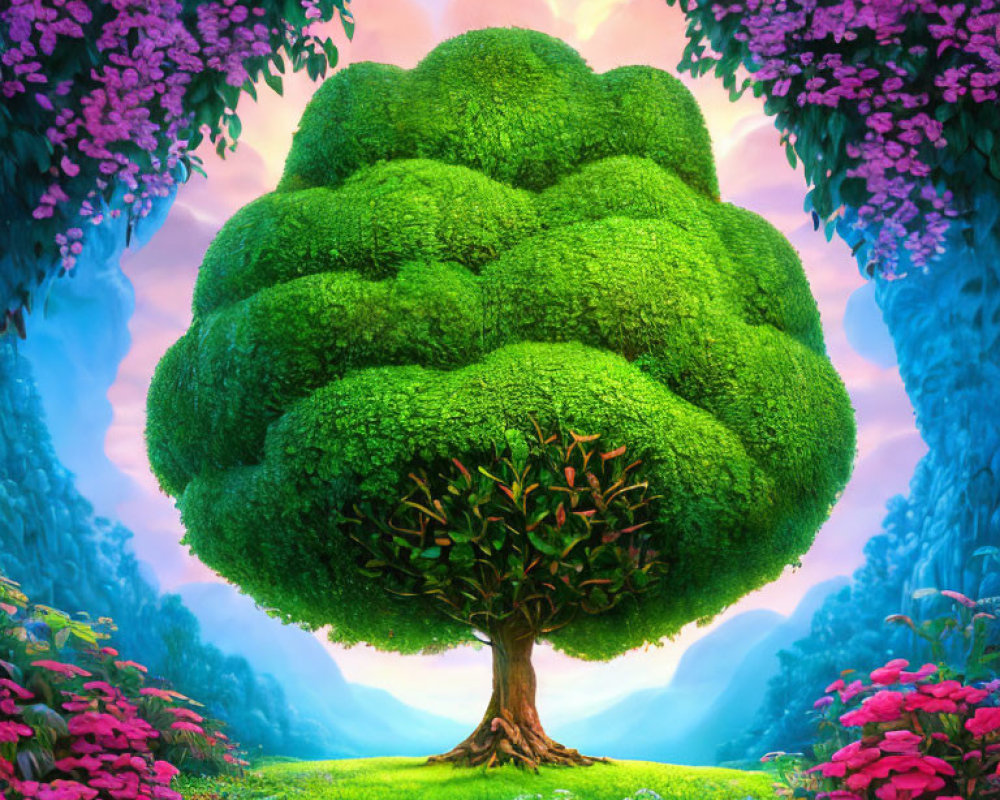 Colorful illustration of lush oversized tree in mystical forest